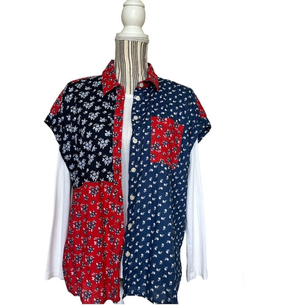 Style & Co 1X Floral Patchwork Red White Blue Button Up